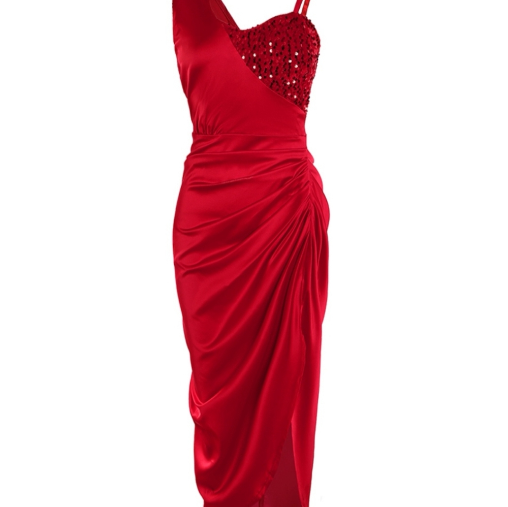 Red Satin Split Thigh Party Dress